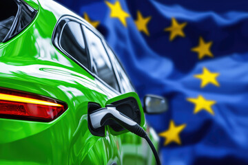 Close-up of charging a plugged in modern green electric SUV, European Union (EU) flag with copy space in background