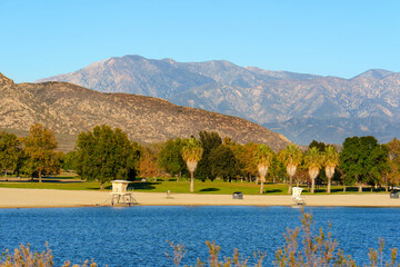 Serene Lake Perris Landscape With Distant Mountains