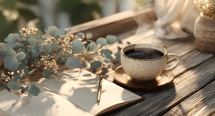 Cozy morning routine with a cup of black coffee and a blank open notebook for journaling on a sunlit wooden table with eucalyptus
