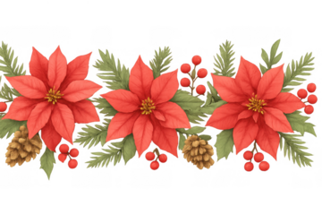 Christmas poinsettia border with pine cones, red berries, and evergreen branches on transparent background