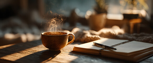 Cozy morning coffee scene with notebook and pen in soft sunlight for creative inspiration,National Letter Writing Day