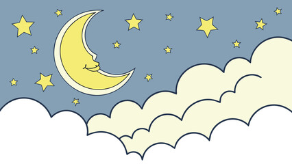 Crescent moon shining brightly among stars and clouds Vector