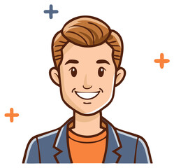 Obraz premium Cartoon Man Portrait with Smiling Face, Orange Shirt, and Blue Blazer
