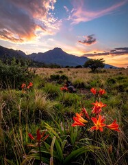 Sunset over a mountain, vibrant wildflowers