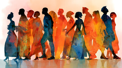 Black History Month Watercolor Portrait of Diverse Silhouettes Celebrating African American Culture and Rights