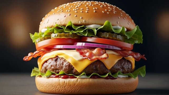 Juicy Cheeseburger With Bacon Lettuce Tomato Onion And Sesame Bun Close Up3 D Animation &nbsp;Ai HD 4K video.
