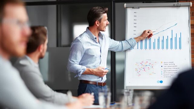 Man presenting business data during a professional meeting in a modern office setting, engaging team members with clear visual aids and effective communication skills