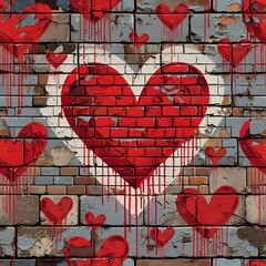 Graffiti red heart with dripping paint on weathered brick wall background for urban street art style