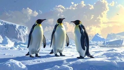 Fototapeta premium Three penguins on an icy landscape under a bright sky