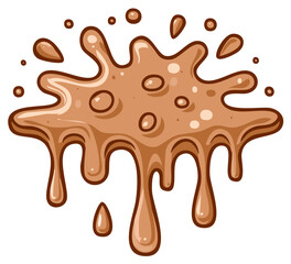 Illustration of brown liquid splash with drizzles and bubbles cartoon style