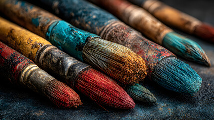 Fototapeta premium old paintbrushes on dark textured surface,