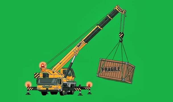 Yellow mobile crane truck lifting wooden fragile crate animation. Construction and logistics heavy machinery on green screen chroma key background