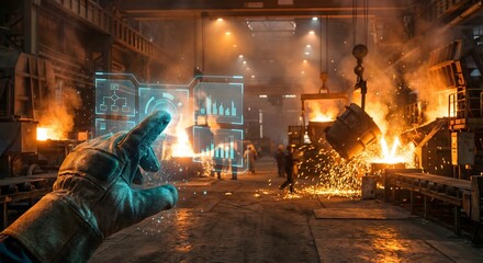 Industrial data analysis and control interface overlaying molten metal casting in a factory setting.