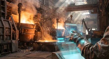 Steel mill worker interacting with holographic interface, industrial technology, future of manufacturing concept.