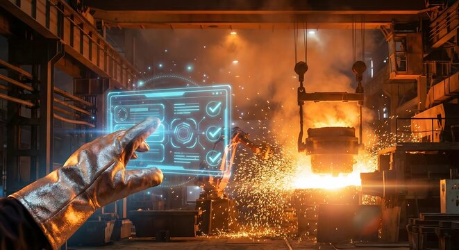 Industrial quality control interface with molten metal and sparks in a factory setting. - Powered by Adobe