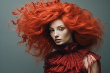 Fototapeta premium Studio portrait of a high fashion model showcasing voluminous, vibrant red hair and a matching ruffled dress
