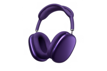 Purple wireless headphones for listening music or podcasts, modern audio accessory with transparent background