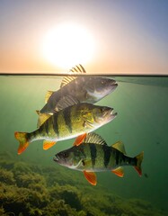 Three perch swimming in sunlight through underwater scene