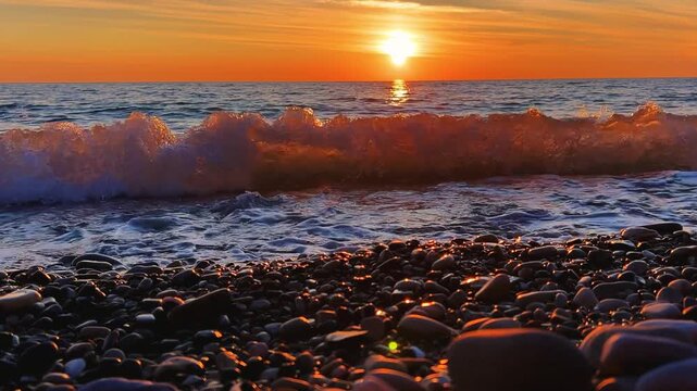 Orange sunset in Tuapse, sea waves with foam run to the shore. The Black Sea coast at sunset in the clouds. Pebble beach in the village of Agoy. The stormy sea in the evening. 4К