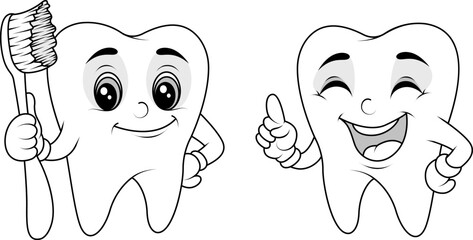 Cartoon tooth characters line art set with toothbrush and mirror for coloring