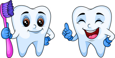 Сute cartoon tooth characters set with toothbrush and dental mirror