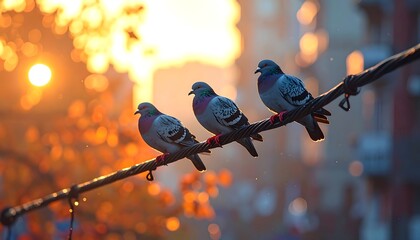 Three pigeons on a wire at sunrise