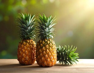 Three pineapples on a wooden surface, bathed in sunlight