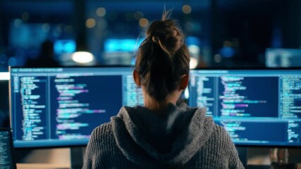 Digital Fortress: A woman immersed in the digital realm, coding, focused on a monitor's glowing screen, embodying modern tech and data science. - Powered by Adobe