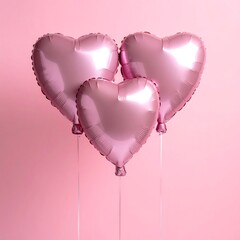 Three pink heart-shaped balloons against a pastel pink background