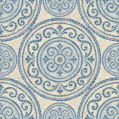 Pattern mosaic tile background in greek texture with blue and seamless design. Vector illustration with ornate curves and borders for web or print. Geometric sea motif for tiles and decor.