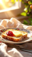 Sunny breakfast toast with butter and jam