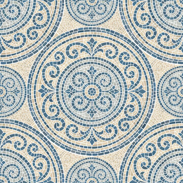 Pattern mosaic tile background in greek texture with blue and seamless design. Vector illustration with ornate curves and borders for web or print. Geometric sea motif for tiles and decor.