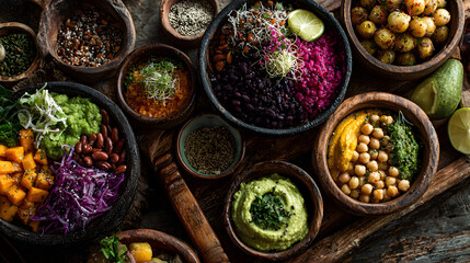 Plant based vegan food for a healthy lifestyle with vegetables fruit cereals grains nuts seeds legumes and dips High in protein antioxidants vitamins fibre and smart carbs Ethical eati : Generative AI