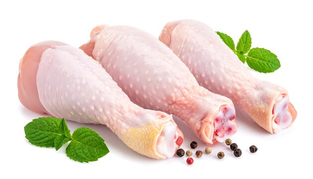 Three raw chicken drumsticks on white background with mint and peppercorns