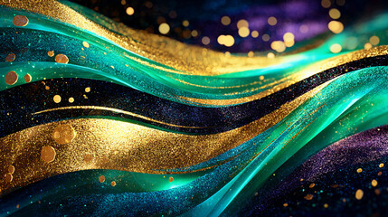 Glitter Golden Emerald Wave Stripes Design Sparkle Motion Lines  with bokeh effect background
