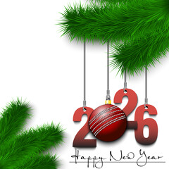 Happy New Year. Numbers 2026 and cricket ball as a Christmas decorations hanging on a Christmas tree branch. Design pattern for greeting card, banner, poster, flyer, invitation. Vector illustration