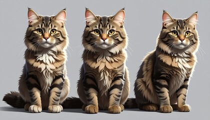 Three seated fluffy cats, variations in shading