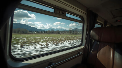 a train turns right, viewed from the passenger seat window with a breathtaking European spring scenery, featuring distant mountains and lush green grass covered with a layer of snow