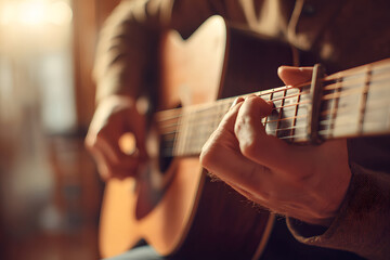 Enjoying a cozy evening strumming an acoustic guitar by warm light in a comfortable space