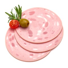 Three slices of cured meat, garnished with rosemary and olives