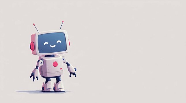 Cute flat robot character waving in a modern minimal style with pastel palette, large background copy space for messaging, ideal for tech branding, ads, UI and 4K visuals.
