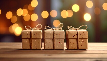 Three small wrapped gifts on a wooden table, bokeh background