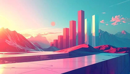 Vibrant futuristic cityscape with majestic mountains at sunrise