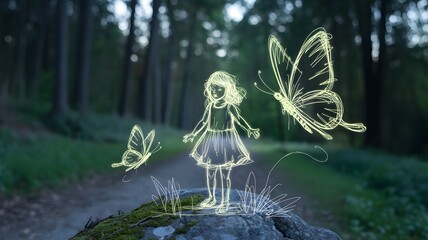 Fototapeta premium A glowing child and butterflies create a magical scene in a forest