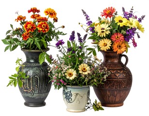 Three vases with colorful summer flowers