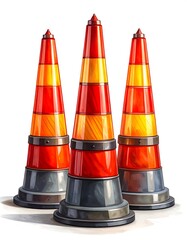 Three traffic cones in a row.  Bright colors