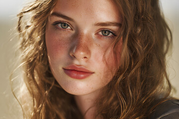 Young girl with curly hair and striking blue-green eyes gazes thoughtfully into the distance outdoors during golden hour