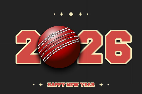 New Year numbers 2026 and cricket ball on an isolated background. Creative design pattern for greeting card, banner, poster, flyer, party invitation, calendar. Vector illustration