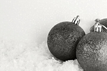 Christmas balls lie on snow, Gray background, front view. Demonstrating color of 2026 year, Cloud, Dancer