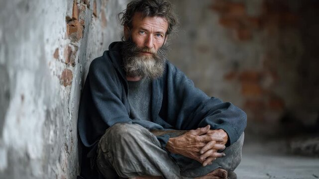 Senior man sitting against a weathered wall, expressing the stark reality of poverty and homelessness in an urban environment during the day